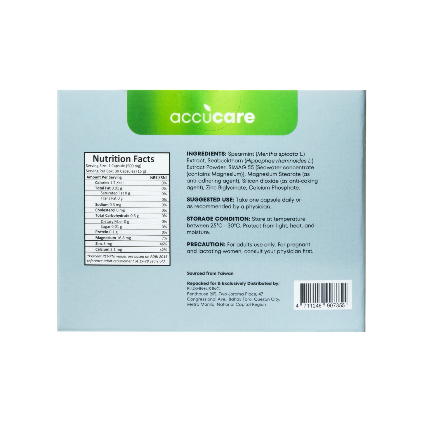 ACCUCARE Spearmint and Seabuckthorn Extract with Zinc Food Supplement Capsule 500mg (30s)