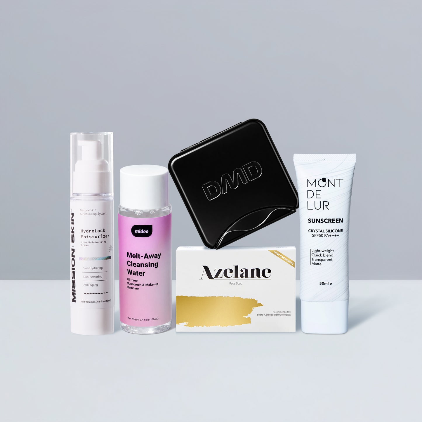 7/7 Bundles - DMD RAINY SEASON BUNDLE: MIDOO Melt-Away Cleansing Water + AZELANE Face Soap + MISSION SKIN HydroLock Lite Moisturizing Cream + MONT DE LUR Crystal Silicone Sunscreen with FREE DMD Soap Case