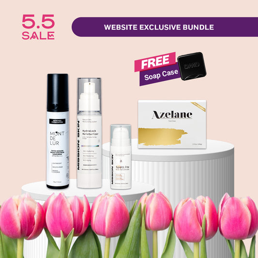 5/5 PLTC SAFE BUNDLE: Azelane + Hydrolock + Spotlite + MDL Tinted Mousse Sunscreen + FREE Soap Case