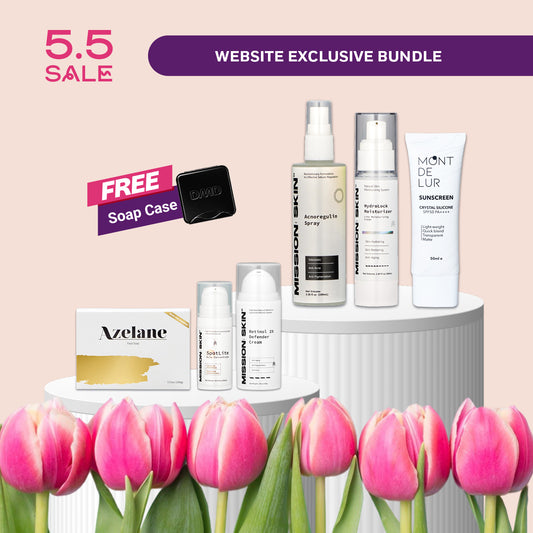 5/5 DMD GLOW PROGRAM BUNDLE: Azelane + Acnoregulin Spray + Hydrolock + Retinol + Spotlite + MDL Silicone Sunscreen + FREE Soap Case