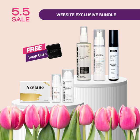 5/5 DMD GLOW PROGRAM BUNDLE: Azelane + Acnoregulin Spray + Hydrolock + Retinol + Spotlite + MDL Tinted Mousse Sunscreen + FREE Soap Case