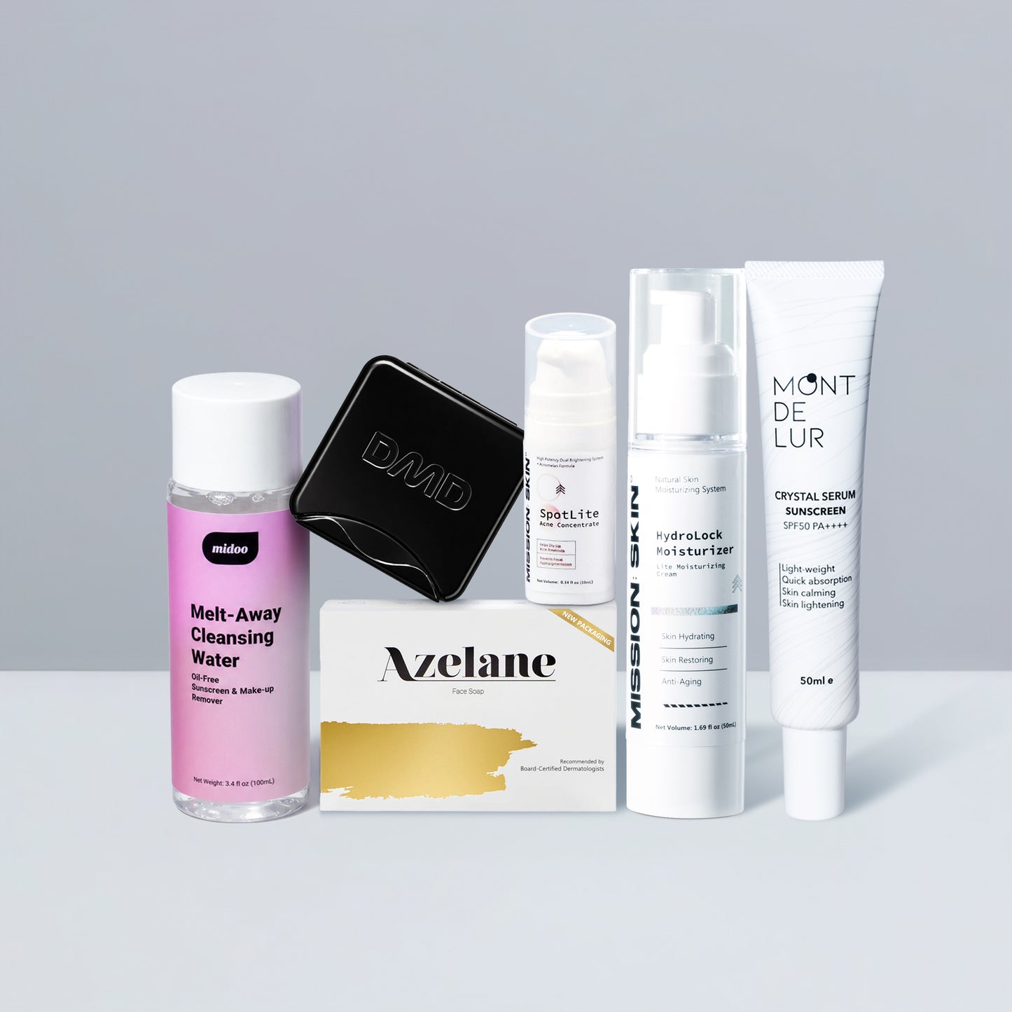 7/7 Bundles - PLTC SAFE BUNDLE: AZELANE Face Soap + MISSION SKIN HydroLock Lite Moisturizing Cream + MISSION SKIN SpotLite Acne Spot Concentrate + MONT DE LUR Crystal Serum Sunscreen + MIDOO Melt-Away Cleansing Water with FREE DMD Soap Case